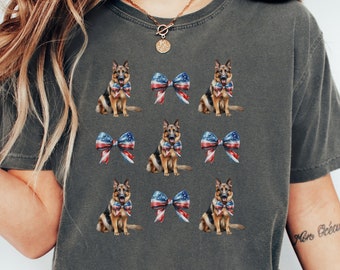 Patriotisches T-Shirt mit deutschem Schäferhund, Schleife mit amerikanischer Flagge, T-Shirt für Hundeliebhaber zum 4. Juli, Unisex-Kleidung für Erwachsene, Koketten-Design, Hundemama, übergroß