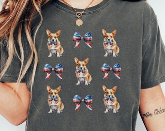 Patriotisches Corgis-T-Shirt, Fliege mit amerikanischer Flagge, Hunde-T-Shirt mit USA-Thema, Kleidung zum Unabhängigkeitstag, Koketten-Design, Hundemama, übergroßes Hemd