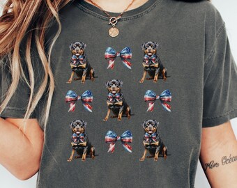 T-shirt rottweiler patriotique, noeud drapeau américain, t-shirt amoureux des chiens 4 juillet, chemise rottweiler unisexe, design coquette, maman chien