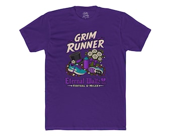 May include: A purple short-sleeve t-shirt featuring a graphic with the text GRIM RUNNER, ETERNAL WALTZ, and VIRTUAL 6-MILER. The design includes a top hat, a bouquet of white roses, a water bottle, and a pair of teal and purple running shoes.