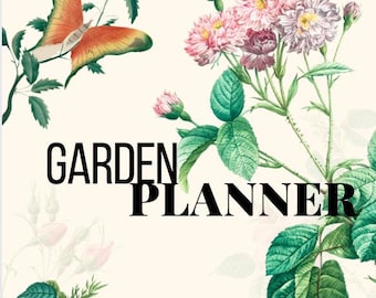 Op de afbeelding: Een vintage illustratie van een tuinplanner met roze en witte bloemen en een vlinder. De tekst "GARDEN PLANNER" staat in zwarte letters.