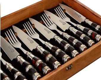 Cutlery Fork and Knife Set x6 with Black Wood and Triple Nickel Silver Handle | Cutlery Box-Set