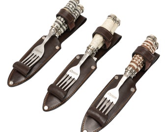 Fork and Knife Set with Fine Braided Leather with Triple Nickel Silver Ferrule Handle | Custom Cutlery | Stainless Steel Dagger 420 Blade