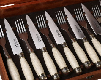 Cutlery Fork and Knife Set x6 with Braided Leather and Nickel Silver Ferrule with Bronze Details Handle | Cutlery Box-Set