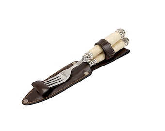 Fork and Knife Set with Fine Braided Leather Handle | Custom Cutlery | Stainless Steel Dagger 420 Blade