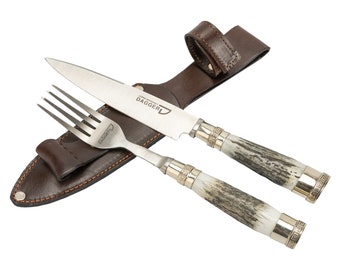 Fork and Knife Set with Naturally Fallen Deer Antler and Nickel Silver Handle | Custom Cutlery | Stainless Steel Dagger 420 Blade