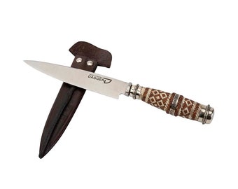 Argentine Steak Knife with Braided Leather and Triple Nickel Silver Ferrule Handle | Custom Knife | Stainless Steel Dagger 420 Blade