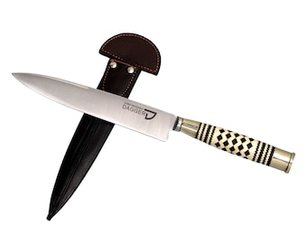 Argentinisches Steakmesser mit geflochtener Lenza und doppeltem Griff aus Neusilberzwinge | Maßgeschneidertes Messer | Edelstahldolch mit 420er Klinge