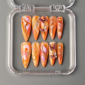 3D Gel Orange/Gold Press on Nails Long Stiletto, Butterfly/Floral/Flower Nails, Spring/Summer/Reusable/Elegant/Custom/Acrylic Press on Nails