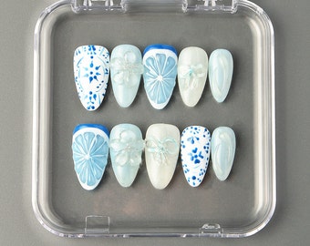 Press on Nails Short Almond, Blue/Fruit/Elegant/White/Flower/Nail Art Press on, Custom/Handmade/Coquette/Spring/Summer/Fake Press on Nails