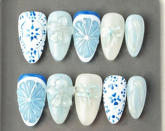 Press on Nails Short Almond, Blue/Fruit/Elegant/White/Flower/Nail Art Press on, Custom/Handmade/Coquette/Spring/Summer/Fake Press on Nails