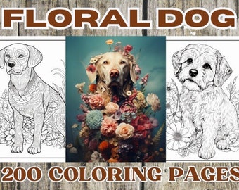 200 Floral Dog Coloring Book printable grayscale floral coloring pages for adults and kids, pdf, download pages