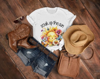 Women's Iconic T-Shirt, "Soak Up the Sun" T-shirt with Floral Design, Summer T-shirt, Floral Design T-shirt, Writing T-shirt
