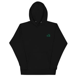 Könnte beinhalten: Schwarzer Kapuzenpullover mit Kordelzug und Kängurutasche. Das Wort "Evil" ist in Grün auf der linken Brustseite gestickt. Ein lässiges, bequemes Kleidungsstück für den Alltag.