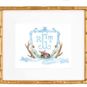 Personalized Baby Boy Hunting Nursery Art: Watercolor Crest, Deer (Digital Download)