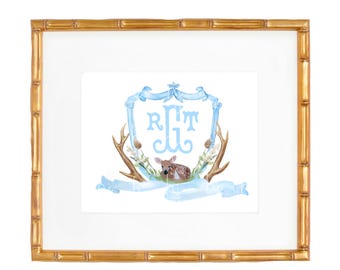 Arte infantil personalizado de caza para bebé niño: Escudo de acuarela y ciervo (descarga digital)