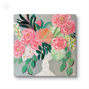 Tela de arte floral abstrata, pintura acrílica original, rosa, azul, verde, decoração de casa, arte de parede, flores, arte “Peônias em cascata”