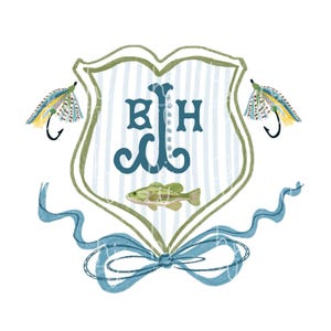 May include: A decorative shield design with a blue and white striped background, featuring the letters "BH" in blue, a fish, and two fishing lures. A blue ribbon and bow are at the bottom. The shield is outlined in green.