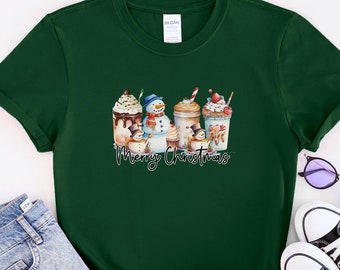 Christmas Coffee Shirt, Merry Christmas Snowman Tee, Christmas Shirt, Coffee Lover Gift Worker Winter Christmas Snowman Latte Coffee Lover