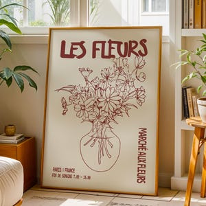 Les Fleurs, affiche du marché aux fleurs, impression de vase de fleurs, affiche botanique, bouquet de fleurs dessiné à la main, cadeau, décoration d'intérieur française élégante et moderne, art mural