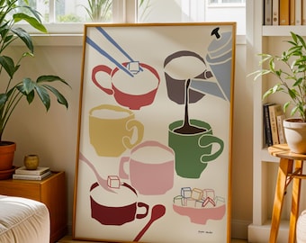 Coffee Poster, Coffee Cup Colorful Fun Art, Kitchen Wall Art, Mid Century Modern Coffee Print, Retro Coffee Illustration, Fun Coffee & Sugar