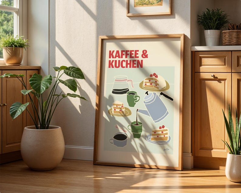 Kaffee & Kuchen Wall Art Print, Modern Kitchen Coffee Poster, Scandinavian Café Illustration image 1