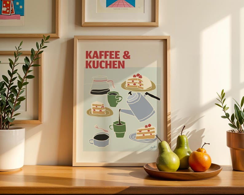 Kaffee & Kuchen Wall Art Print, Modern Kitchen Coffee Poster, Scandinavian Café Illustration image 2