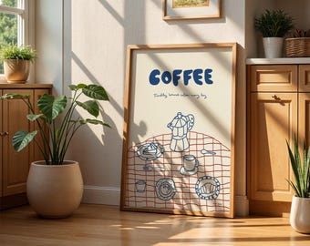 Coffee Poster Moka Pot Print Retro Coffee Poster Print Picnic Wall Art Modern Kitchen Art Mid Century Modern Print Personalized Room Decor