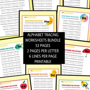 Paquete de 53 hojas de trabajo para trazar el alfabeto (A-Z) / Práctica de escritura de letras para niños / Descarga instantánea e imprimible