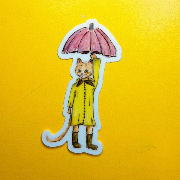 Rainy day cat sticker, umbrella cat sticker, vinyl sticker, water bottle sticker