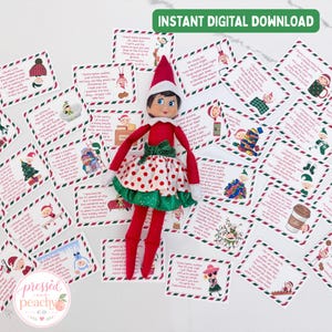May include: A posable elf doll with a red hat, red long-sleeved top, and a white skirt with red polka dots and a green trim, surrounded by numerous rectangular cards featuring printed text and small cartoon illustrations of elves.