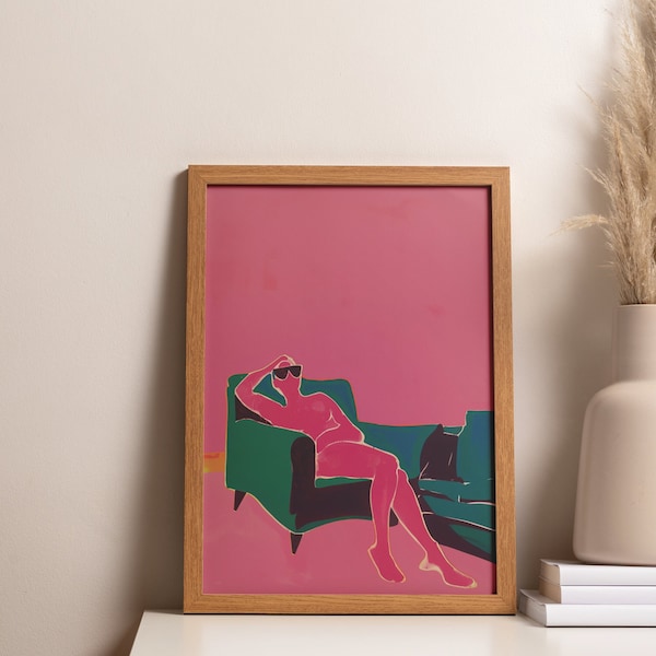 Room wall art decor, poster, female body art, naked trendy retro pink female body art, retro girly dorm decor, above bed wall art, glasses