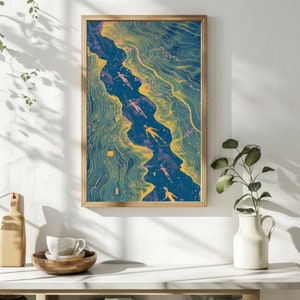 Woman Floating in River, Couple Swimming Wall Art, Summer Swim Poster, Pool House Art, Beach House Decor, Digital Download, Abstract art