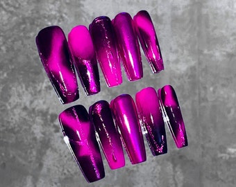 Ensemble de presse-ongles fait main rose néon noir | Ongles acryliques courts longs XL XXL cercueil faits main amande en forme d'aiguilles