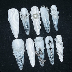 White Lace Pearl 3D Luxury Press On Nails, Rhinestone Wedding Bridal Manicure, Custom Handmade Acrylic Nails, Y2K Long Stiletto Fake Nails