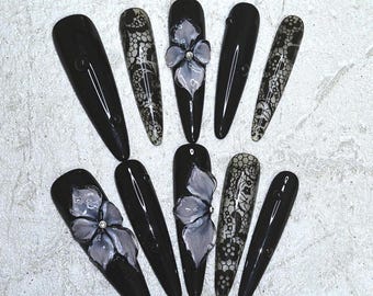 Black Lace 3D Floral Press On Nails, Elegant Black Y2K Fake Nails, Custom Handmade Short Long XL XXL Coffin Almond Stiletto Acrylic Nails