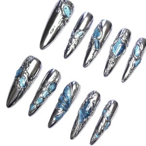 Silver Liquid Chrome 3D Blue Cat Eye Press On Nails, Y2K Fake Nails, Custom Handmade Long Stiletto Acrylic Nails