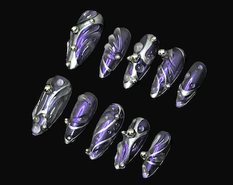 Cyber Purple Press On Nails, 3D Silver Metallic Fake Nails, Futuristic Aesthetic Gel Nails, Custom Handmade Almond Acrylic Nails