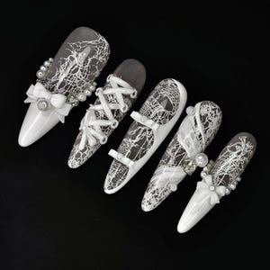 White 3D Bowknot Lace Press On Nails, Y2K Long Stiletto Fake Nails, Cute pearl Bridal Nail, Custom Handmade Short Long Almond Coffin Acrylic