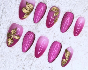 Pink 3D Gold Floral Cat Eye Press On Nails, Tropical Hot Pink Floral Nails, Almond Fake Nails, Custom Handmade Short Almond Acrylic Nails