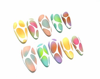 Matte Colorful Pastel Press On Nails, Abstract Rainbow Grid False Nails, Gradient Gel Nails, Custom Handmade Acrylic Nails