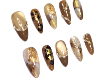 Coffee Brown Gold Marble Press On Nails, Y2K Fake Nails, Brown French Nails, Custom Handmade Almond Acrylic Nails