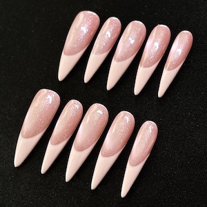 Cat Eye Baby Pink French Tip Press On Nails, Y2K Fake Nails, Reusable Nails, Glue On Nails, Custom Handmade Long Stiletto Acrylic Nails