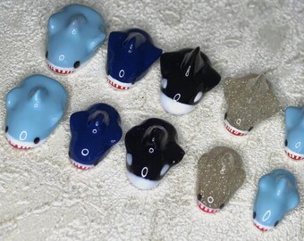 Cute 3D Cartoon Shark Whale Press On Nails, 3D Cartoon Nail Art, Playful Short Almond Fake Nails, Custom Handmade Acrylic Nails