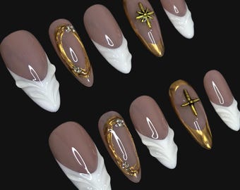 White Gold 3D French Press On Nails, Gold Chrome Y2K Style, Fake Nails, Custom Handmade Almond Acrylic Nails