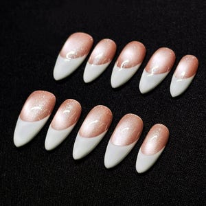Peach Cat Eye White French Press On Nails, Y2K Fake Nails, Reusable Nails, Glue On Nails, Custom Handmade Long Stiletto Acrylic Nails