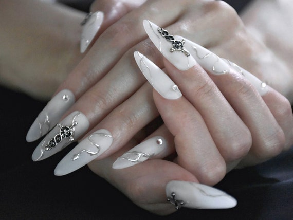 Matte White Chrome Silver Cross Press on Nail Set | Custom