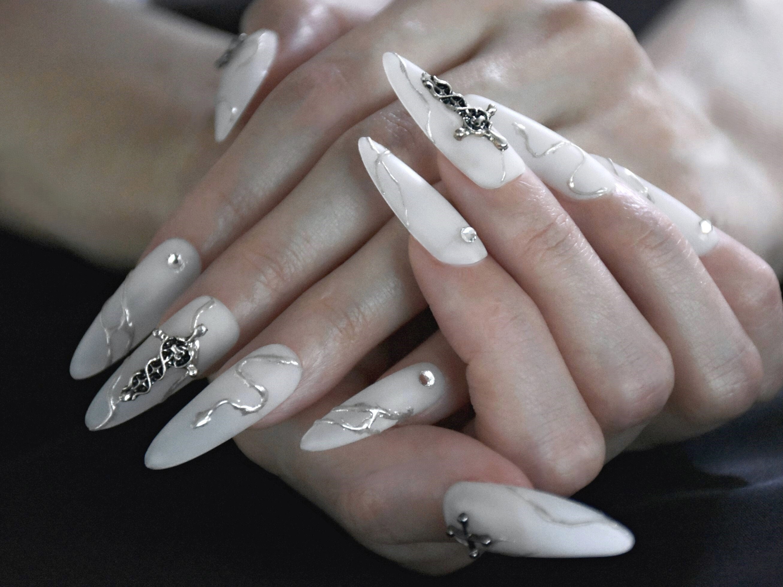 Matte White Chrome Silver Cross Press on Nail Set | Custom