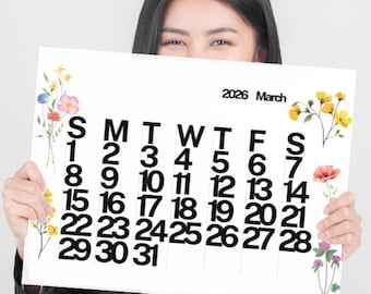 2025 Wildflower Calendar Printable – Botanical Desk Calendar, Minimalistic Modern Black and White Art, Large Wall Planner, July&#39;25 - June&#39;26