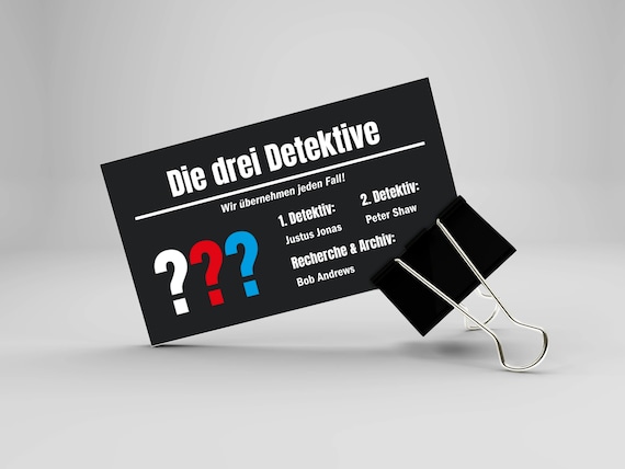 Digitale "Die drei Fragezeichen" Visitenkarte, Business Karte zum Download, Digitaler Fanmerch, Visitenkarte der drei ??? zum Ausdrucken